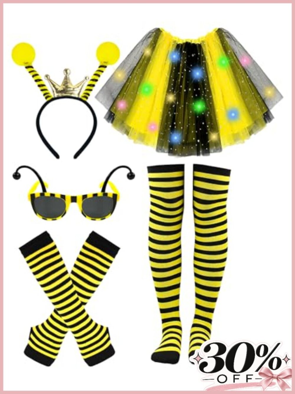 5pc LED Light-Up Bee Costume Set Tutu Skirt Headband Socks Cuffs Sunglasses